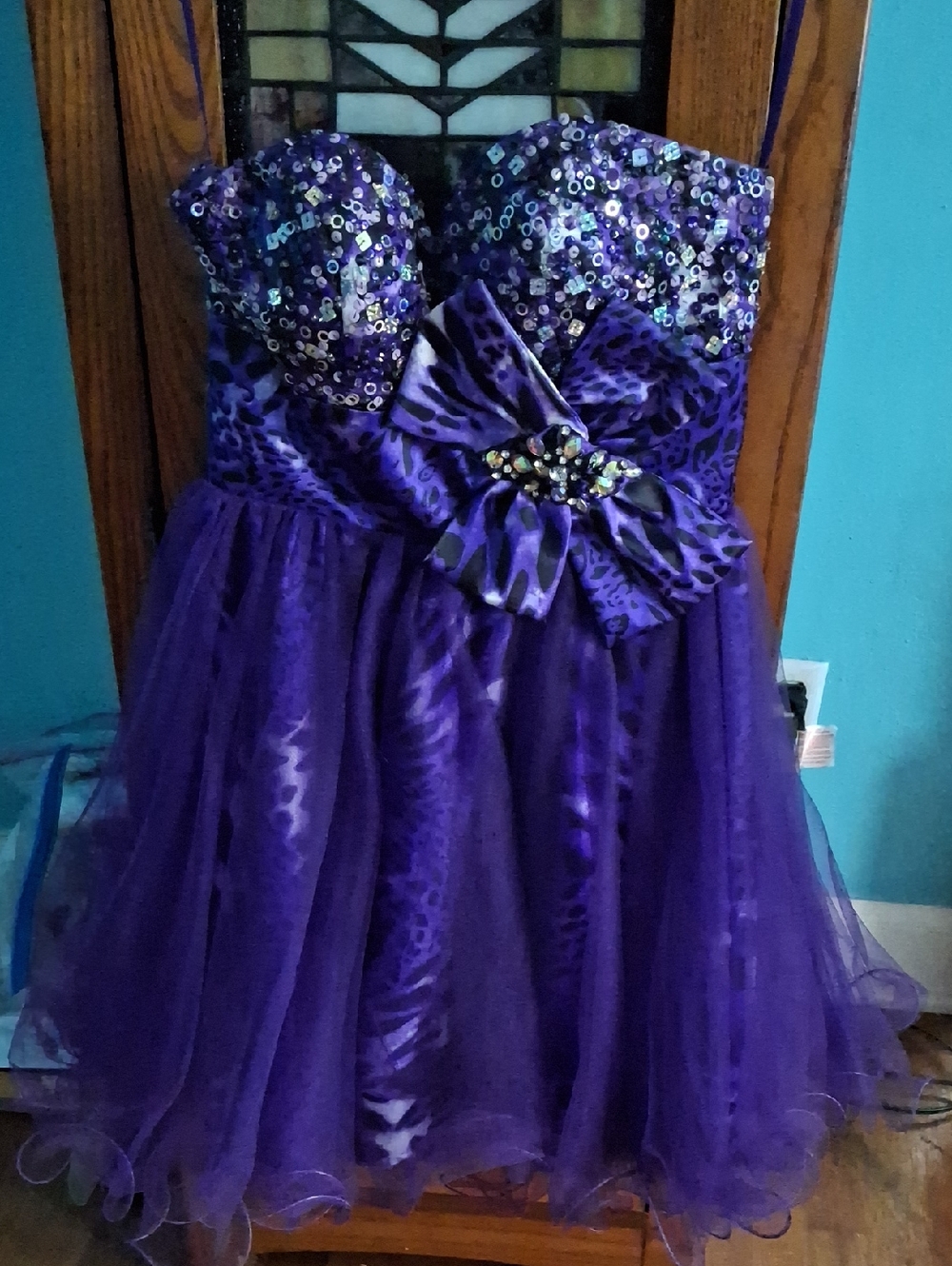Let's Fashion Formal Purple Leopard Print Sequin Tulle Strapless Dress Jr Sz XS